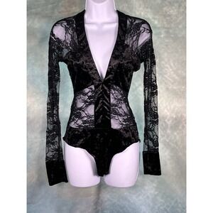 Timing Womens Black Lace Crushed Velvet Long Sleeve V-Neck‎ Bodysuit Size M
